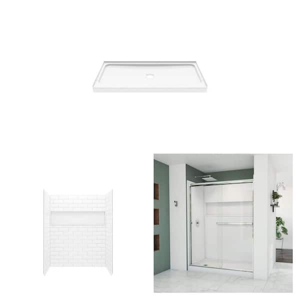 Showercast 60 in. White Shower Pan with Drain, NexTile 60 in. Wall Kit, 56-60 in. Sliding Door