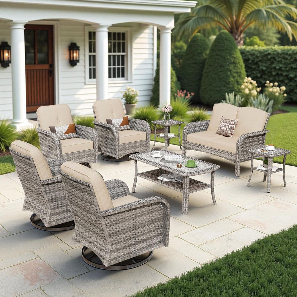 Mejy Gray 8-Piece Wicker Patio Conversation Set with Beige Cushions and Swivel Chairs price history on PriceWatchPro