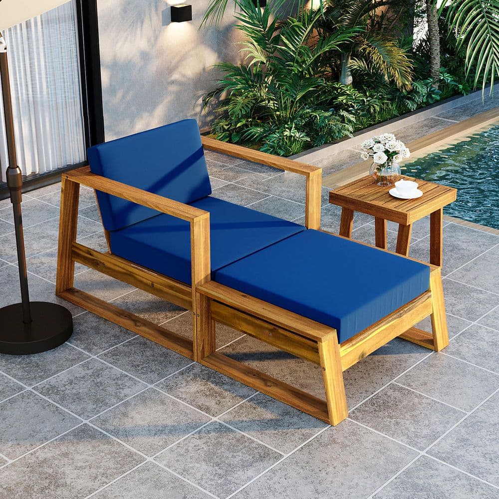 Brown Acacia Wood Outdoor Lounge Chair Set with Blue Cushion and
