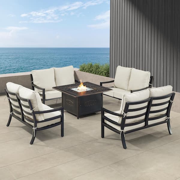 Oakland Living Black 6-Piece Aluminum Patio Fire Pit with 4-Deep Seating Loveseat Light Grey Cushions