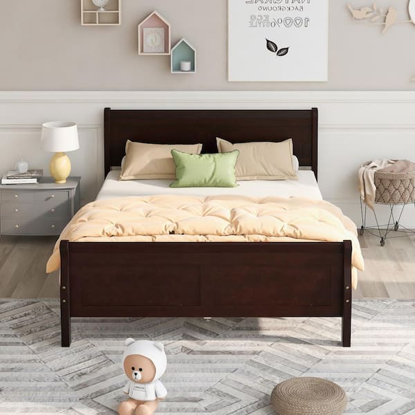 62.50 in. W Espresso Brown Queen Solid Wood Sleigh Bed with Headboard and Wood Slat Support