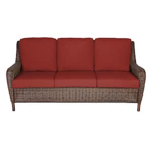 Cambridge Brown Wicker Outdoor Patio Sofa with Sunbrella Henna Red Cushions