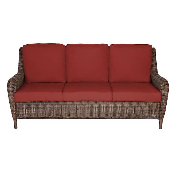 Hampton Bay Cambridge Brown Wicker Outdoor Patio Sofa with Sunbrella Henna Red Cushions
