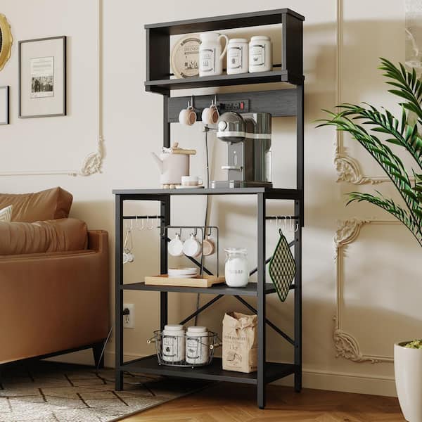 Bestier Black Grained 4-Tier Wood 23.62 in. W Baker's Rack with Power Outlet and Adjustable Storage Shelf