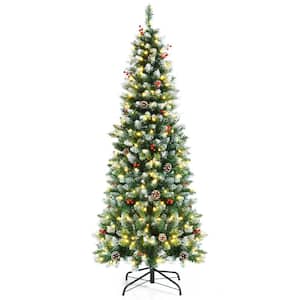 6 ft. Pre-Lit Artificial Christmas Tree Hinged Pencil Christmas Tree Decorated Snow Flocked Tips