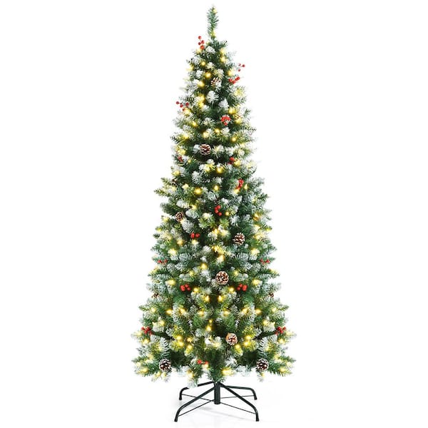 Costway 6 ft. Pre-Lit Artificial Christmas Tree Hinged Pencil Christmas Tree Decorated Snow Flocked Tips
