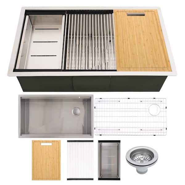 33 in. Undermount Single Bowl 16-Gauge Stainless Steel Kitchen Sink with Grid and Strainer