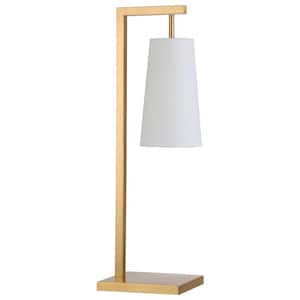 26 in. White Mid-Century Integrated LED Bedside Table Lamp with White Fabric Shade