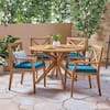 Noble House Llano Teak Brown 5-Piece Wood Outdoor Patio Dining Set with Blue Cushions 53341
