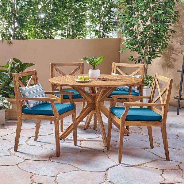 Noble House Llano Teak Brown 5-Piece Wood Outdoor Patio Dining Set with Blue Cushions