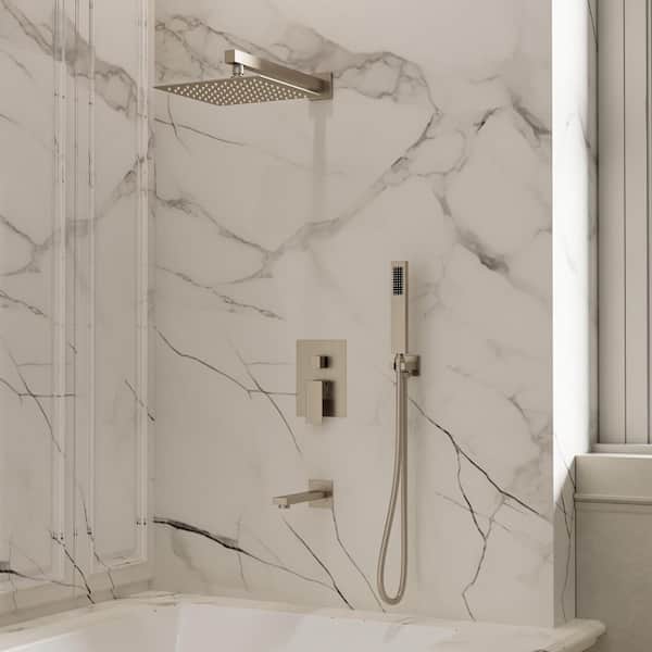 CRANACH Crozet 3-Spray Wall Mount Tub and Handheld Shower Head Shower Faucet 2.5 GPM in. Brushed Nickel (Valve Included)