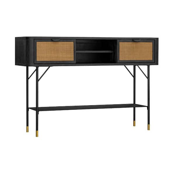 Benjara Theo 47 in. Black, Brown and Brass Rectangle Acacia Wood Console Sideboard Table with 2 Drawers