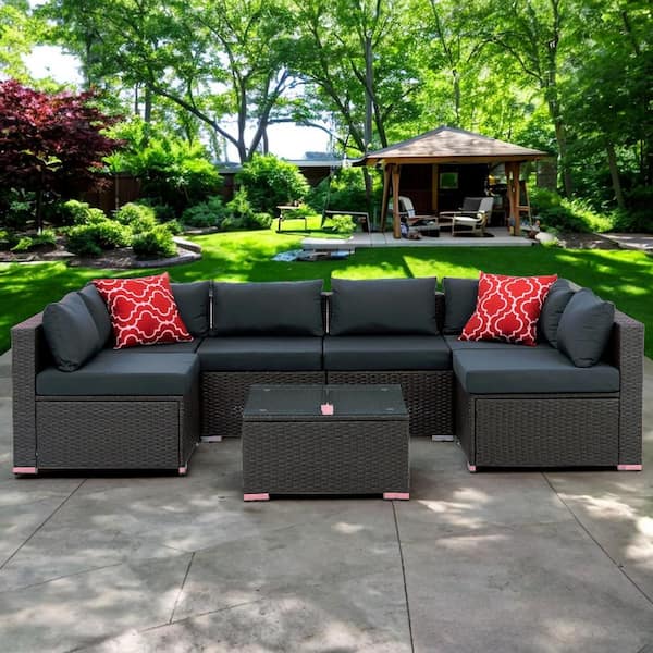 Redroofy 7-Piece Wicker Patio Conversation Set with Gray Cushions