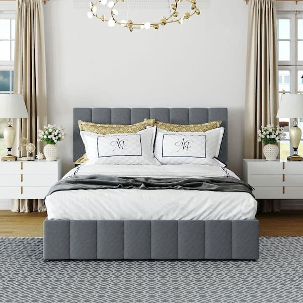 Qualler Gray Wood Frame Queen Size Upholstered Platform Bed with ...