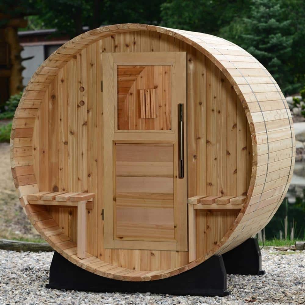 Vienna 2-Person Outdoor Cedar Electric Canopy Barrel Wet/Dry Sauna with Har