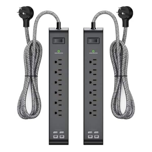 12 ft. 6-Outlet Power Strip Surge Protector with 4 USB Ports, 900 Joules Flat Plug Heavy-Duty Cord, Wall Mount (2-Pack)