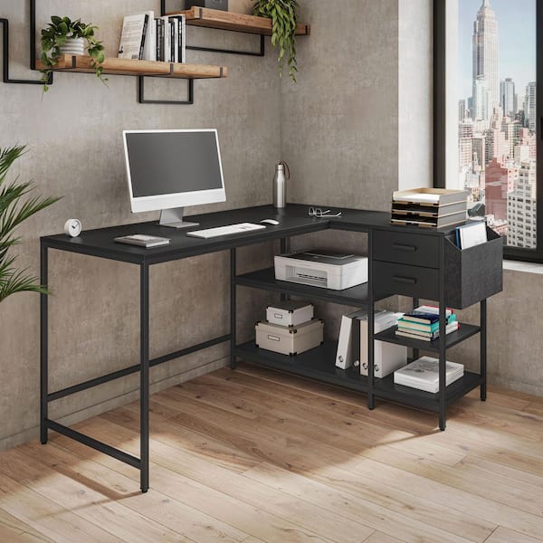 TECHNI MOBILI 55 in. L-Shaped Black 2-Drawer Desk with Shelves