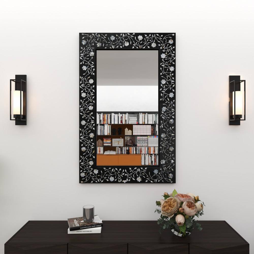 Rectangular Black Wood Wall Mirror with Floral Inlay