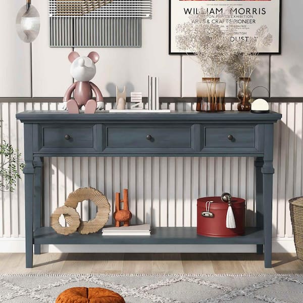 Polibi 50 in. Navy Rectangle Wood Console Table with Three Top Drawers and Open Style Bottom Shelf, Easy Assembly Navy