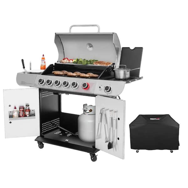 6-Burner BBQ Liquid Propane Gas Grill with Sear and Side Burner with Cover, 71,000 BTU Cabinet Style Gas Grill