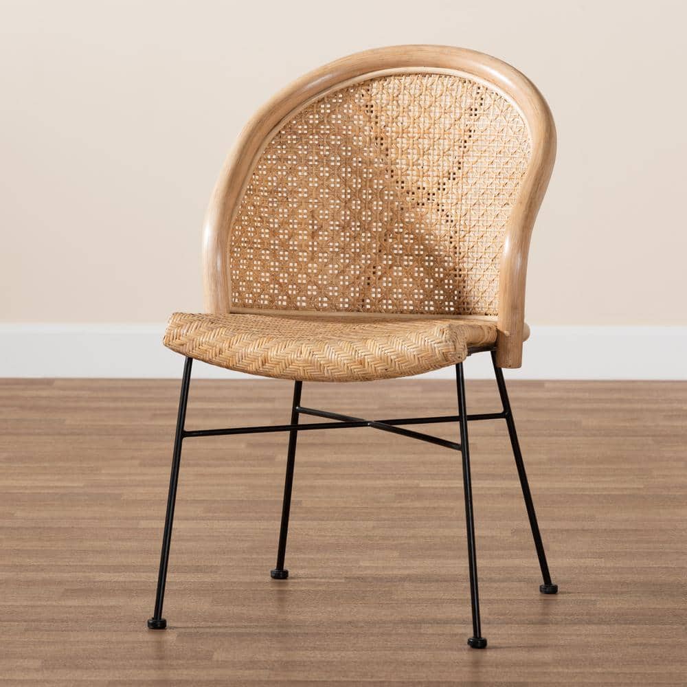 Natural Brown Rattan and Black Metal Dining Chair