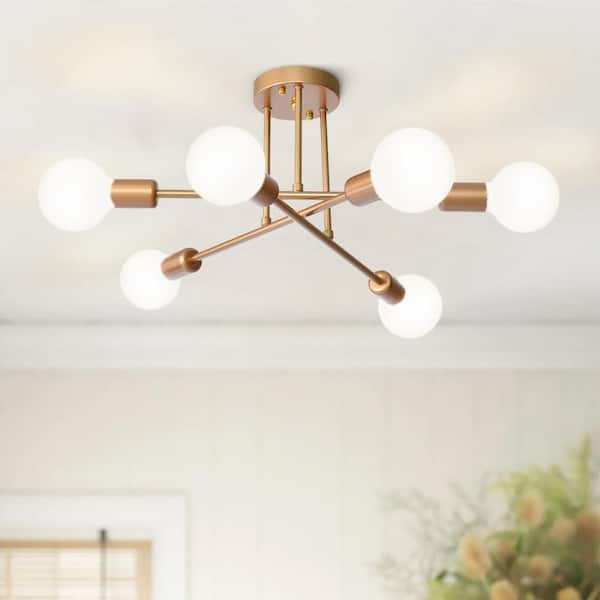 Rennnsan Sylvia 18.89 in. 6-Light Champagne Gold Dimmable Sputnik Modern Linear Semi Flush Mount Light