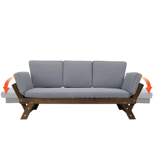Outdoor Brown Wood Outdoor Patio Furniture Sectional with Cushions Gray Neutral Cushions