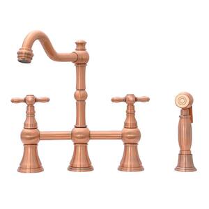 Akicon Bridge Kitchen Faucets - Solid Brass Kitchen Faucet with Side Sprayer, 2 Cross Handles, Antique Copper, AK96718N1