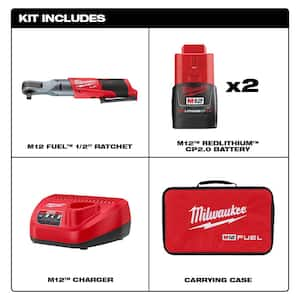 M12 FUEL 12V Lithium-Ion Brushless 1/2 in. Cordless Ratchet Kit W/(2) 2.0Ah Batteries, Charger, Bag & 5.0 Ah Battery