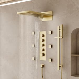 Thermostatic Valve 15-Spray 22 in. x 10 in. Dual Wall Mount Shower Head and Handheld Shower in Brushed Gold