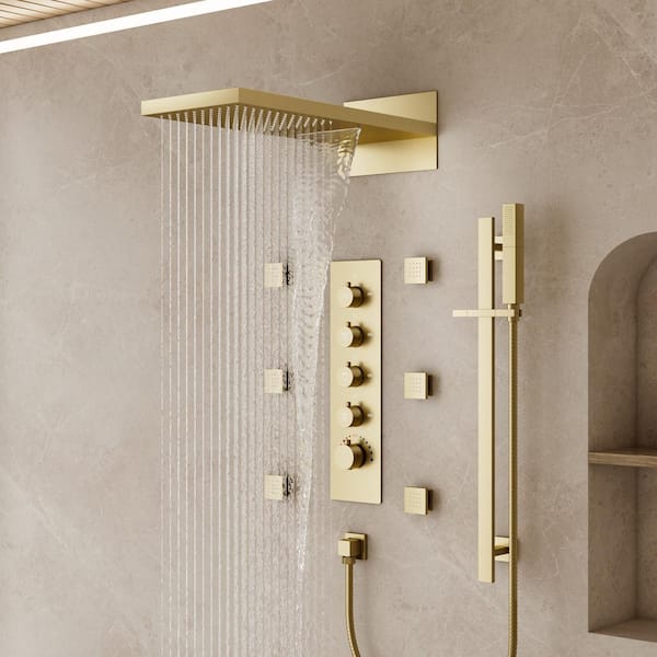 YAWWALK Thermostatic Valve 15-Spray 22 in. x 10 in. Dual Wall Mount Shower Head and Handheld Shower in Brushed Gold