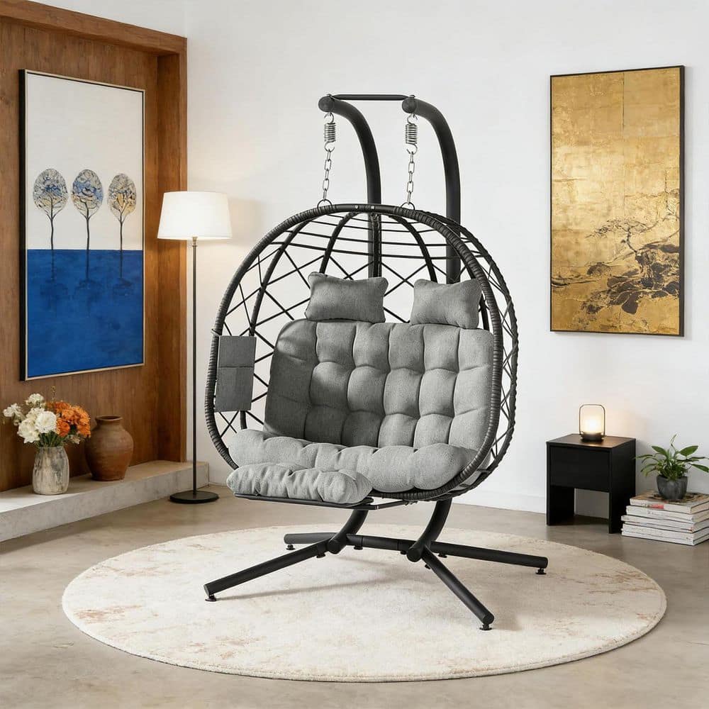 Double Hanging Egg Chair with Stand,660 lbs. Wicker Patio Swing Chair w/ Cushion,Headrest Foldable Footrest for Outdoor