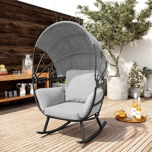 Black Rocking Aluminum Outdoor Egg Lounge Chair with Gray Cushion and Folding Canopy