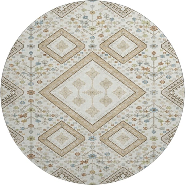 Mayfield Premium Machine Washable Abstract AMF2459 Ivory 8 ft. x 8 ft. Round Rug