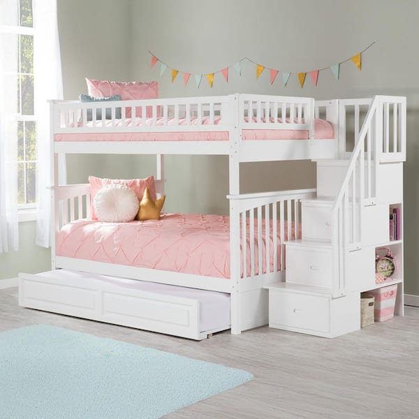 AFI Columbia Staircase Bunk Bed Full over Full with Twin Size Raised Panel Trundle Bed in White