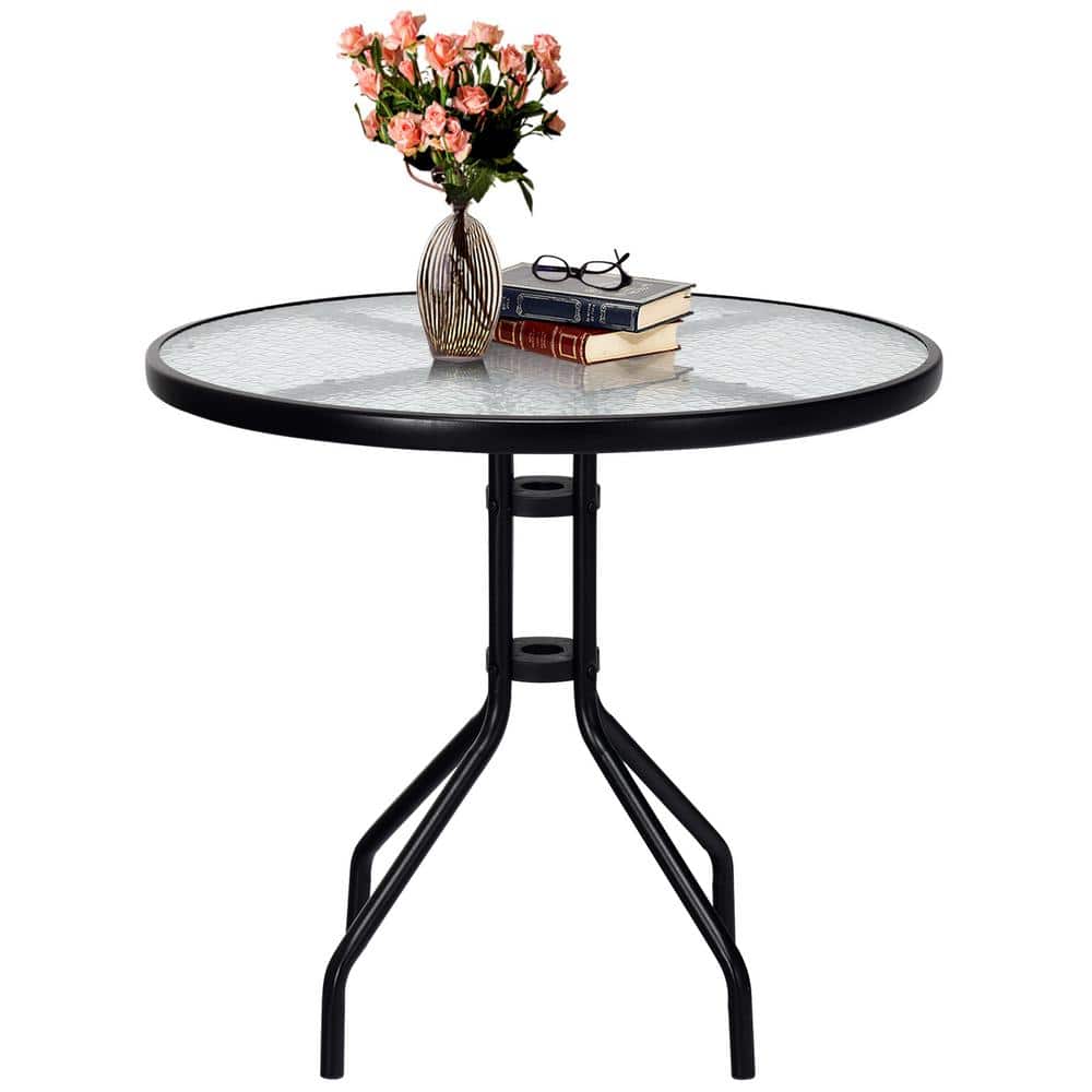 32'' Black Outdoor Patio Table with Tempered Glass Top