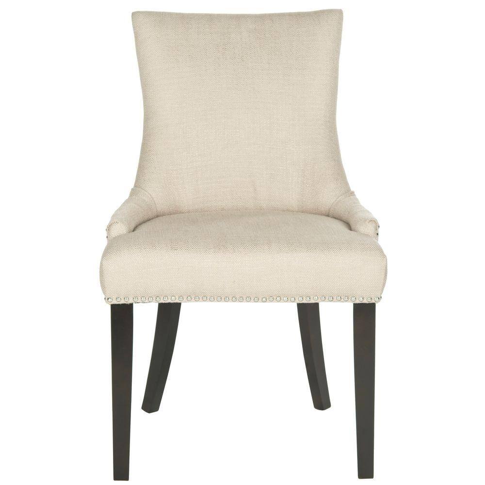 Ivory Linen Upholstered Parsons Side Chair with Gold Nailhead Trim