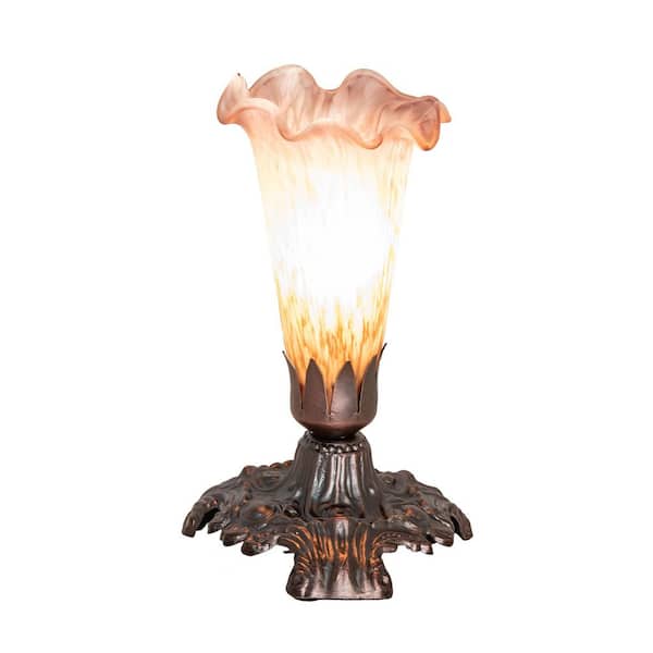 MEYDA Pond Lily 7 in. Mahogany Bronze Novelty Victorian Mini Table Lamp with Amber and Purple Glass Shade