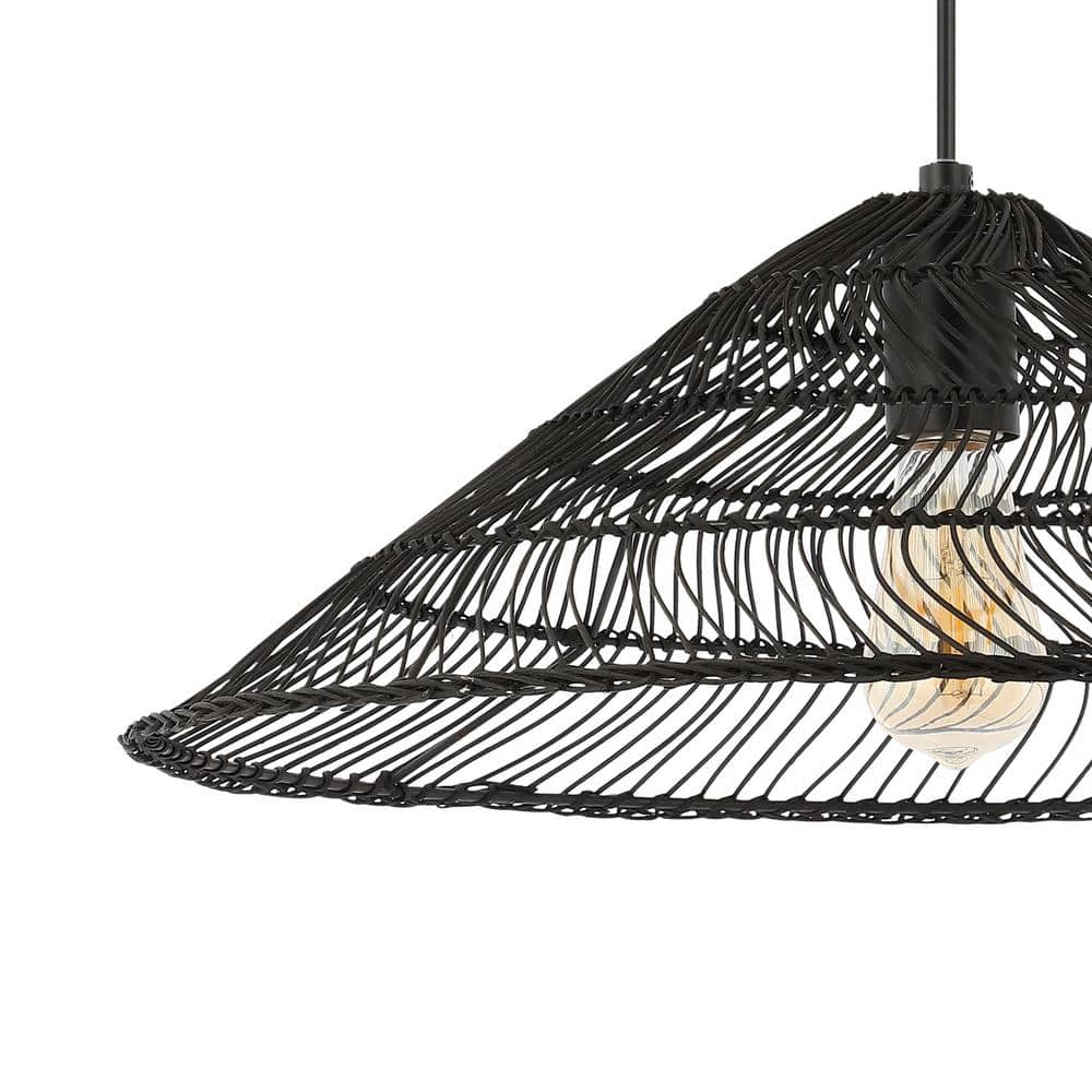 Nova 20.25" Black Rattan Cone LED Pendant with Adjustable Cord