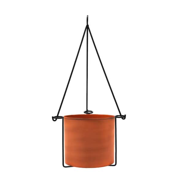 22.5in.H x 10.5"W Black Wrought Iron Indoor Outdoor Vera Hanging Planter w/Cylindrical Burnt Sienna Galvanized Steel Pot