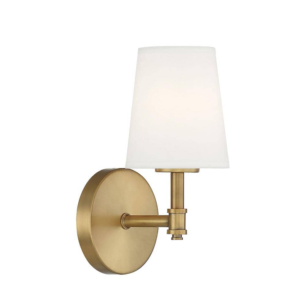 Natural Brass Dimmable Wall Sconce with White Linen Shade