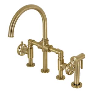 Belknap Double-Handle Deck Mount Gooseneck Bridge Kitchen Faucet with Brass Sprayer in Brushed Brass