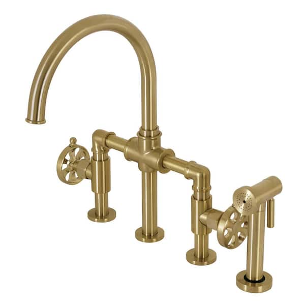 Kingston Brass Belknap Double-Handle Deck Mount Gooseneck Bridge Kitchen Faucet with Brass Sprayer in Brushed Brass