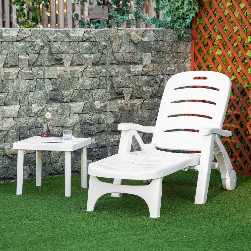 White Plastic Folding Outdoor Chaise Lounge with Adjustable Backrest and Wheels