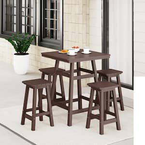 Laguna 5-Piece Fade Resistant HDPE Plastic Outdoor Patio Square Counter Height Bistro Set, Matching Barstools Dark Brown