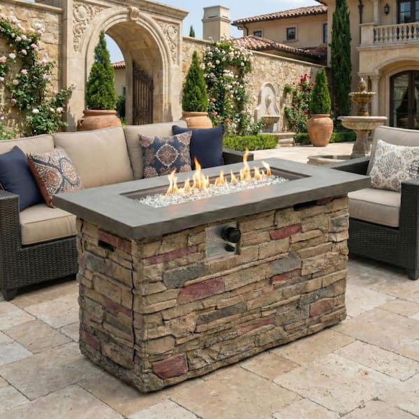 42 in. Rectangular MGO 50,000 BTU Propane Fire Pit Table with Steel Lid and Weatherproof Cover