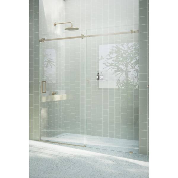 Astro 72 in. W x 78 in. H Sliding Frameless Shower Door with Square Hardware in Brushed Bronze with Clear Glass