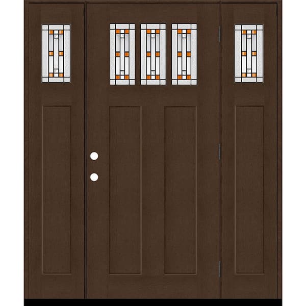 Steves & Sons Regency 64 in. x 80 in. 3Lite Amberton Deco Glass LHOS Hickory Stain Fir Fiberglass Prehung Front Door w/Dbl 12in.SL