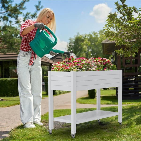 Resin Raised Garden Bed Raised Planter Box for Patio Backyard, 4 Swivel Lockable Wheels (Ashen, 43.3 * 17.7 * 33.6)