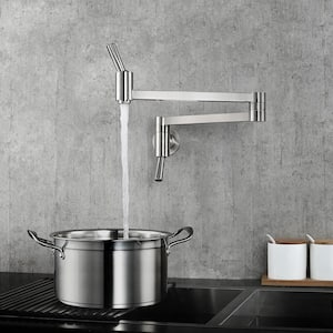 Wall Mounted Pot Filler Faucet with Stretchable Double Joint Swing Arm in Brushed Nickel